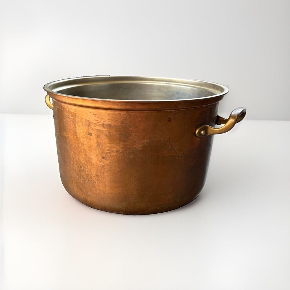 Vintage Copper Stock Pot Stainless Steel Lined Brass Handles 5.75" x 9.5" Patina - Picture 1 of 7
